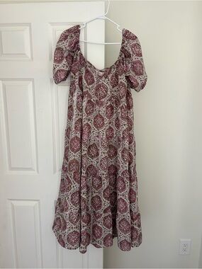 Bohemian Puff-Sleeve Midi Dress in Mauve Print COTTON FROM INDIA PHARIDAN FAB XL
